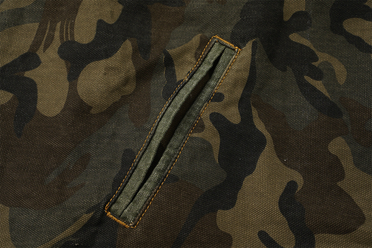Veste de travail zippée en toile camouflage avec col en velours côtelé