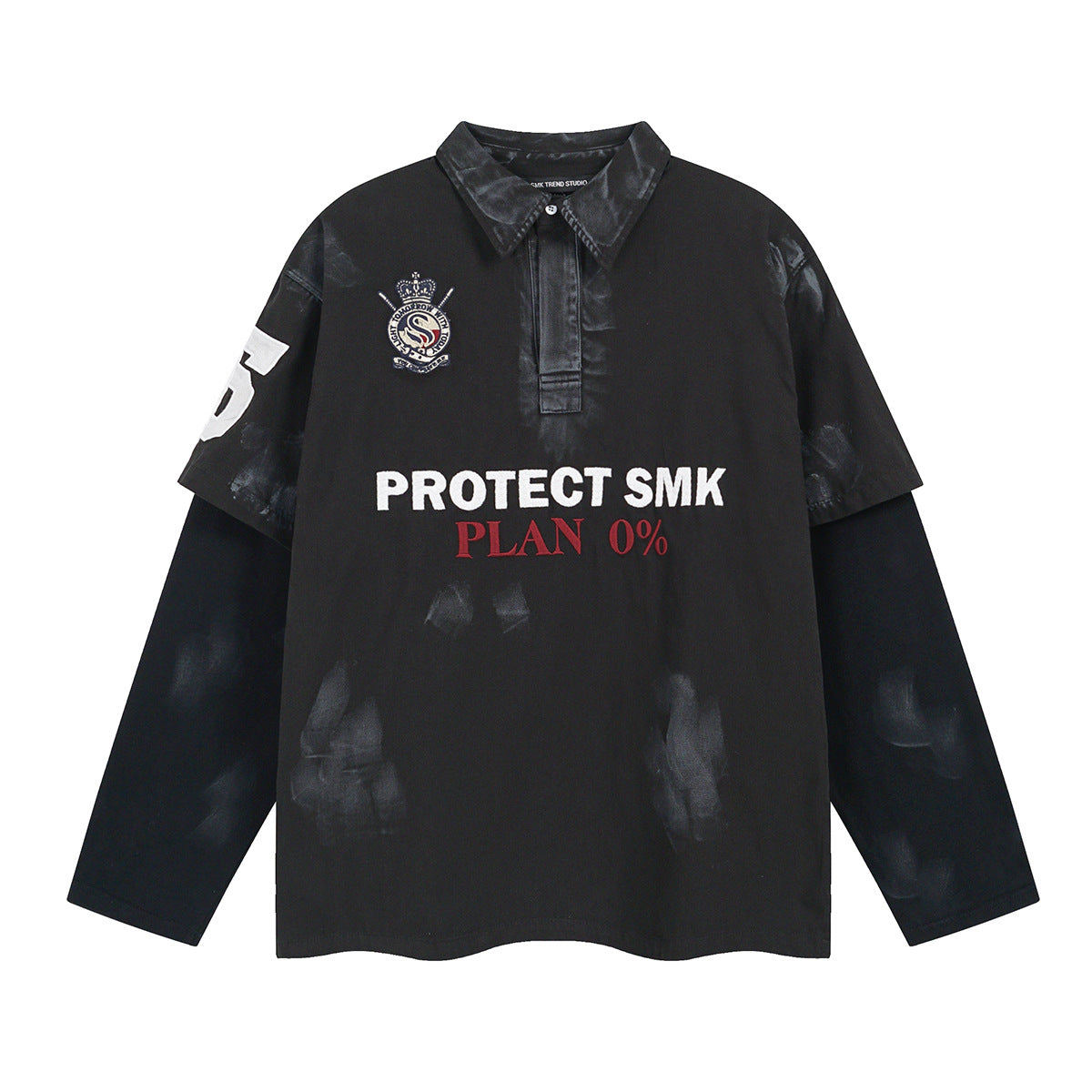 Polo de rugby oversize con lavado ácido – Mangas de falsa capa y bordado de gran tamaño