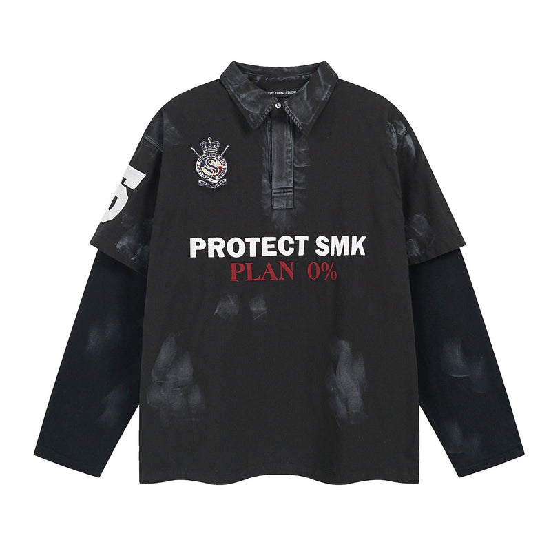 Polo de rugby oversize con lavado ácido – Mangas de falsa capa y bordado de gran tamaño