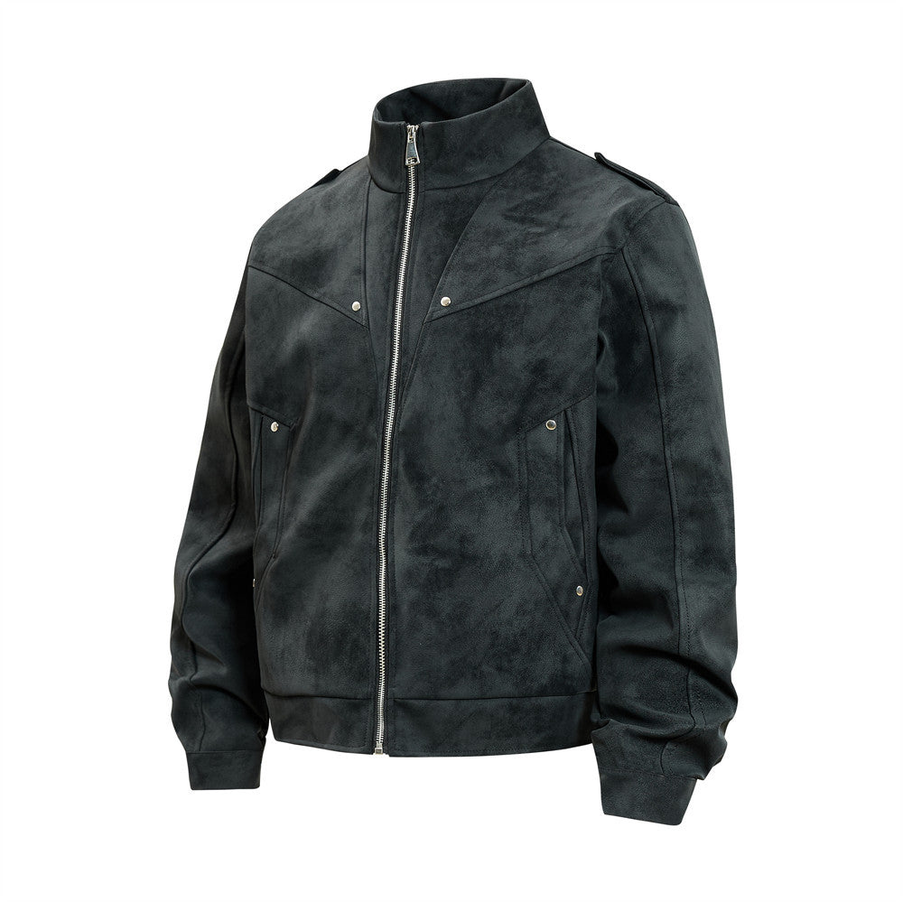 Men's Retro Distressed Suede-Texture PU Leather Stand Collar Bomber Jacket