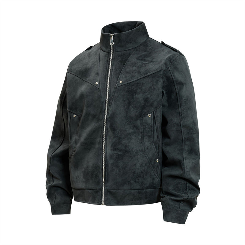 Men's Retro Distressed Suede-Texture PU Leather Stand Collar Bomber Jacket