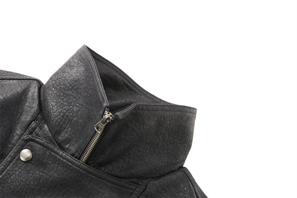 Men's Brown Leather Jacket PU Moto-Style High Collar Snap Button Bomber