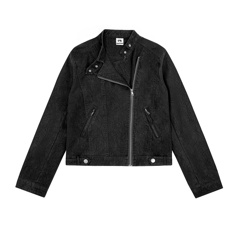 Cropped Moto Biker Jacket – Asymmetric Zip PU Leather Rider Coat