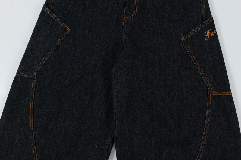 Curved Balloon-Leg Jeans | Dark Indigo Structured Denim