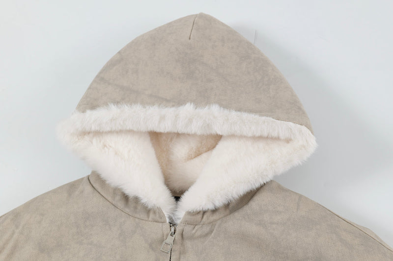 Faux-Shearling Lined Washed Hooded Bomber Jacket