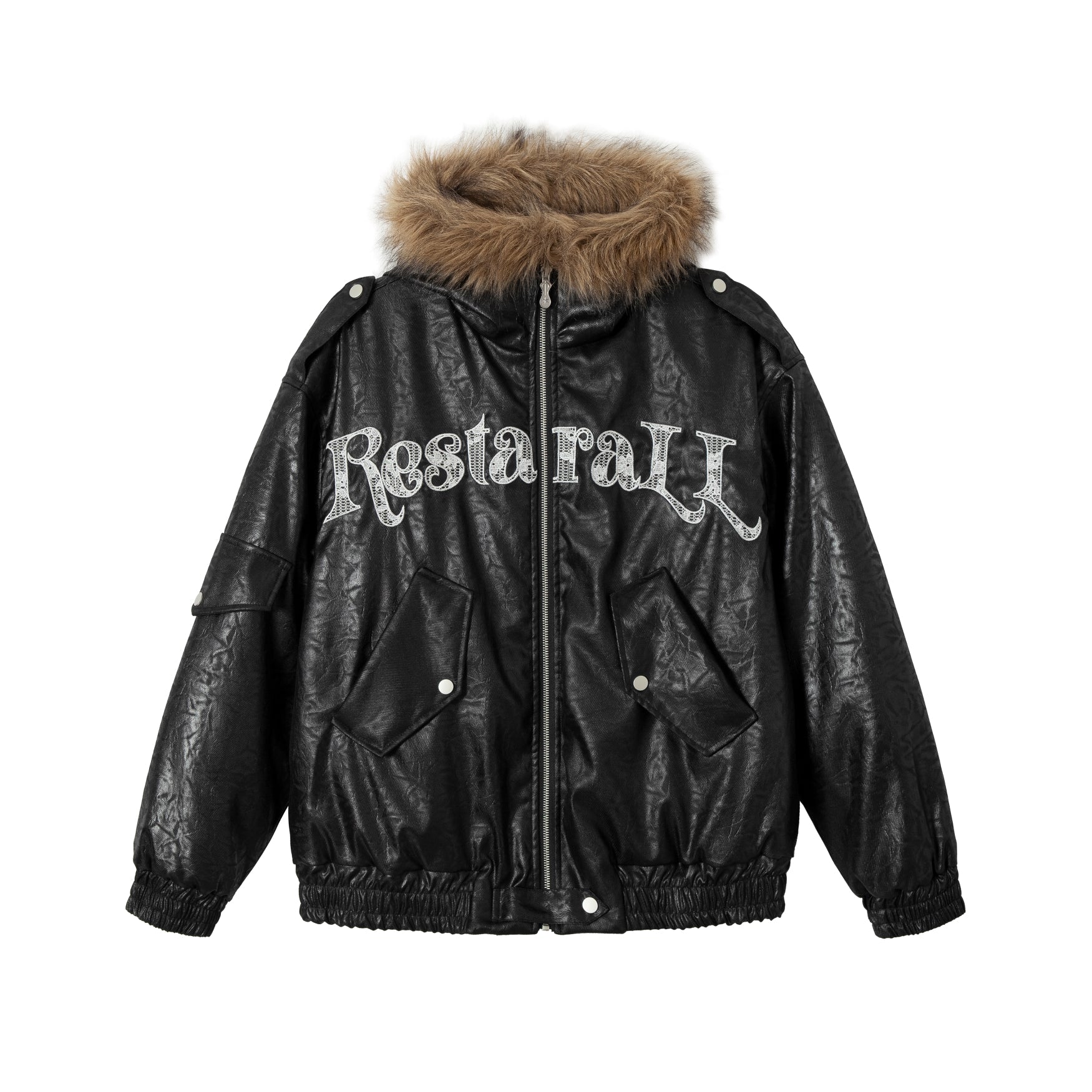 Black faux leather oversized hooded bomber jacket with brown fur trim and gothic Restarall embroidery on chest
