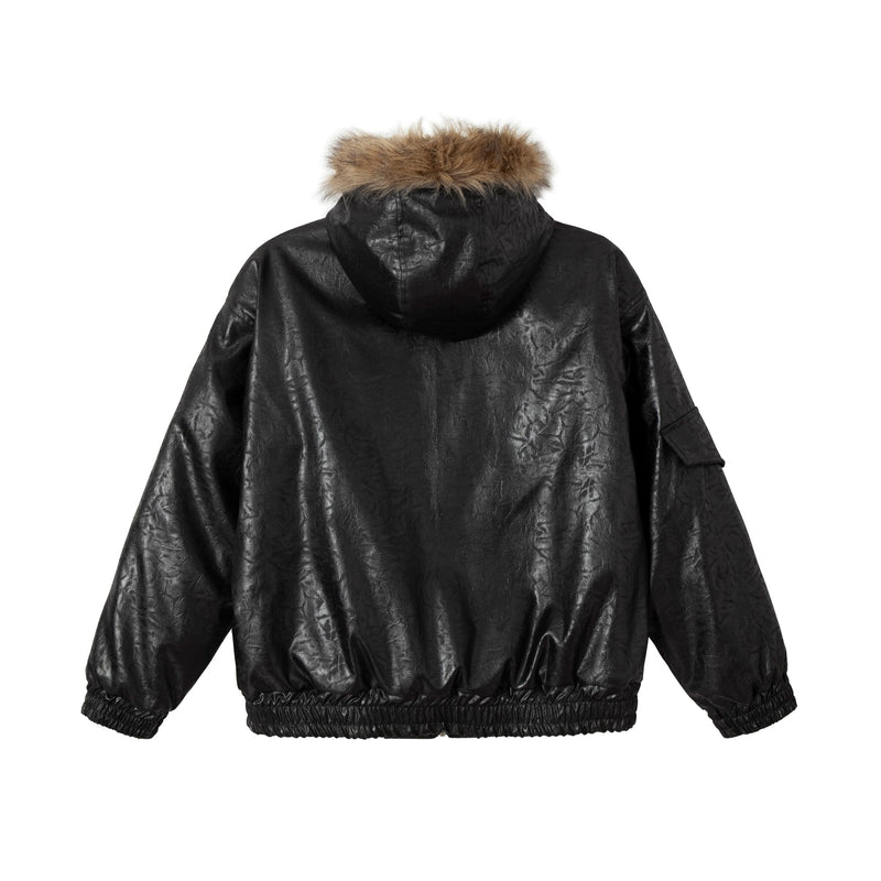 Fur-Trim Hooded Faux Leather Bomber Jacket | Restarall