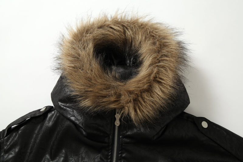 Fur-Trim Hooded Faux Leather Bomber Jacket | Restarall
