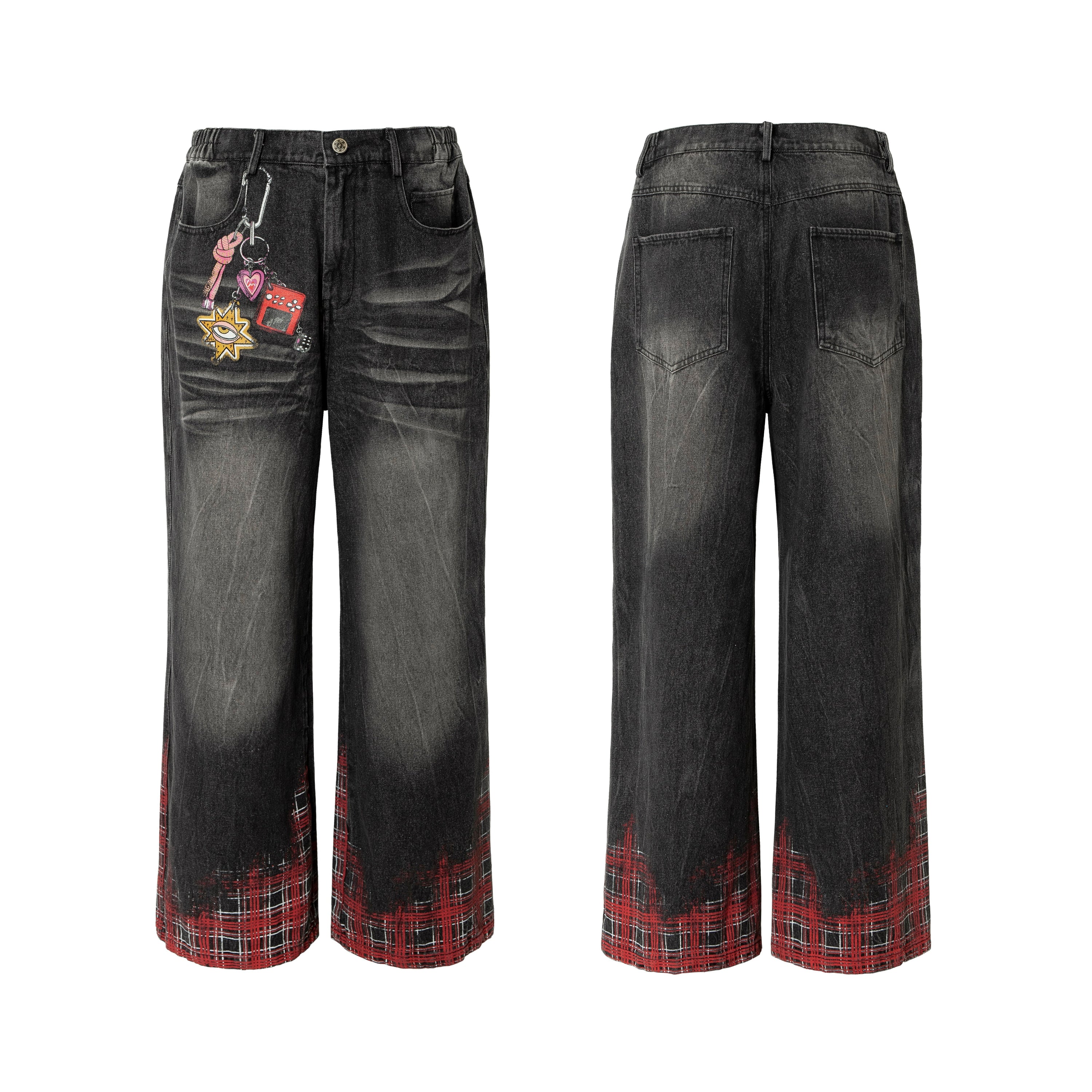 Plaid Hem Washed Denim Jeans | Wide-Leg Punk Street Style