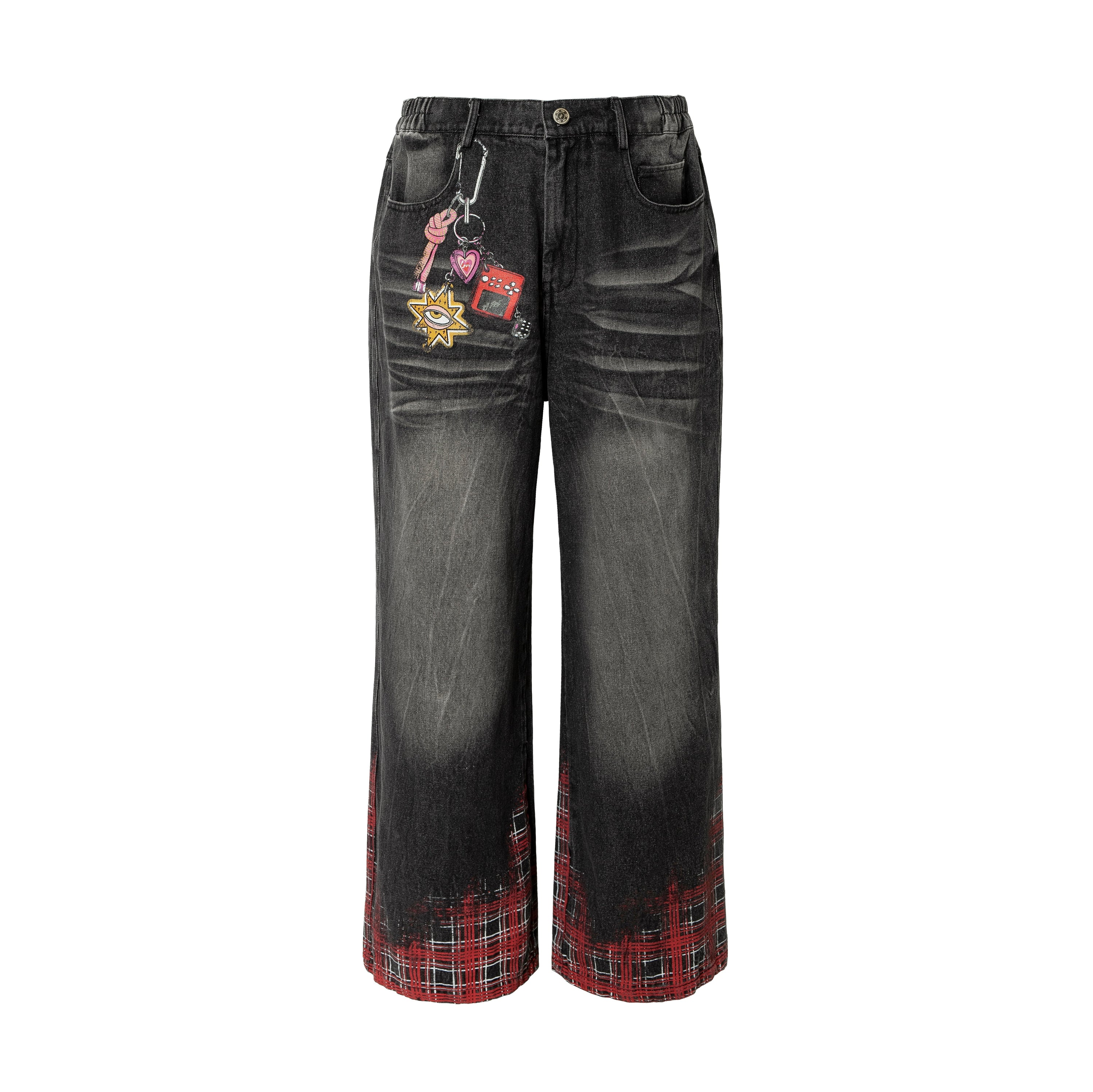 Front view of dark washed wide-leg denim jeans with red plaid hem inserts and detachable charm keychain on white background