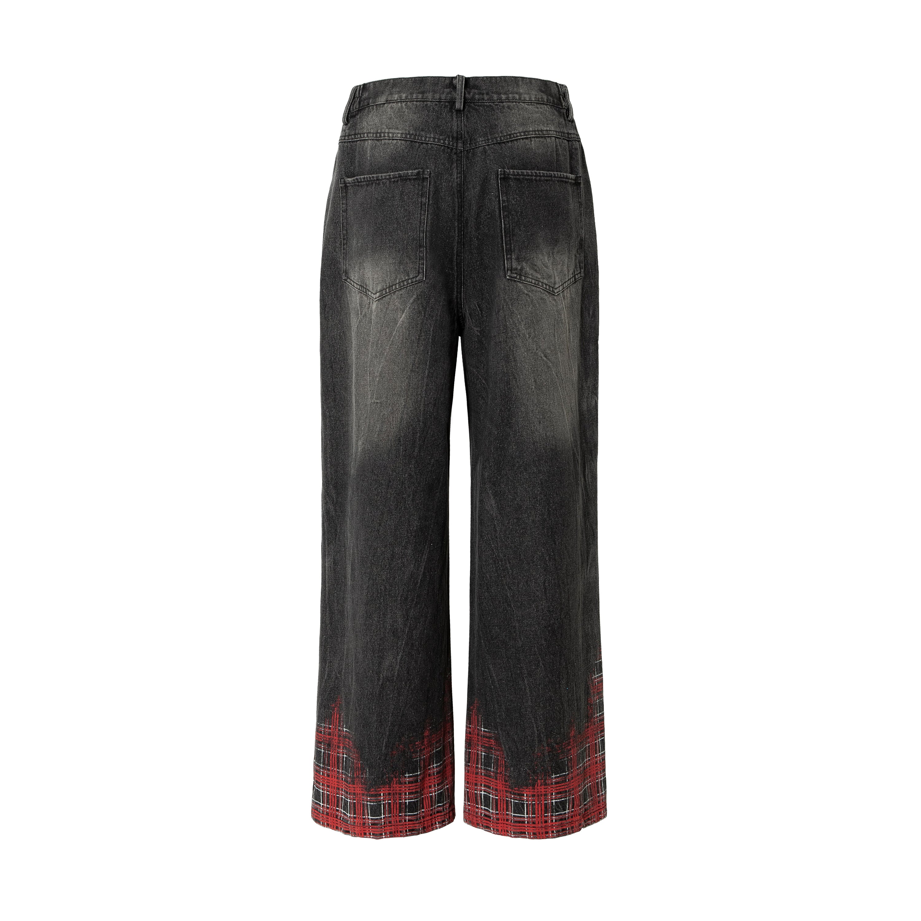 Plaid Hem Washed Denim Jeans | Wide-Leg Punk Street Style