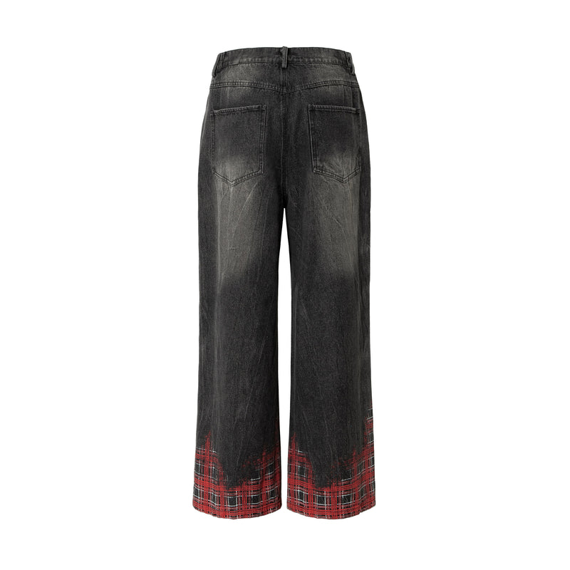 Plaid Hem Washed Denim Jeans | Wide-Leg Punk Street Style