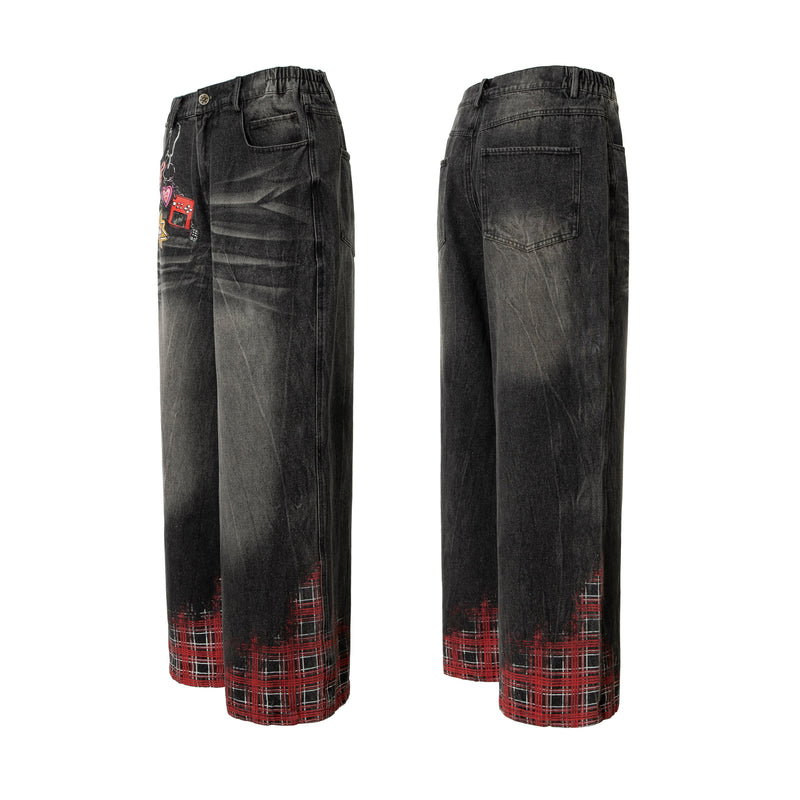 Plaid Hem Washed Denim Jeans | Wide-Leg Punk Street Style