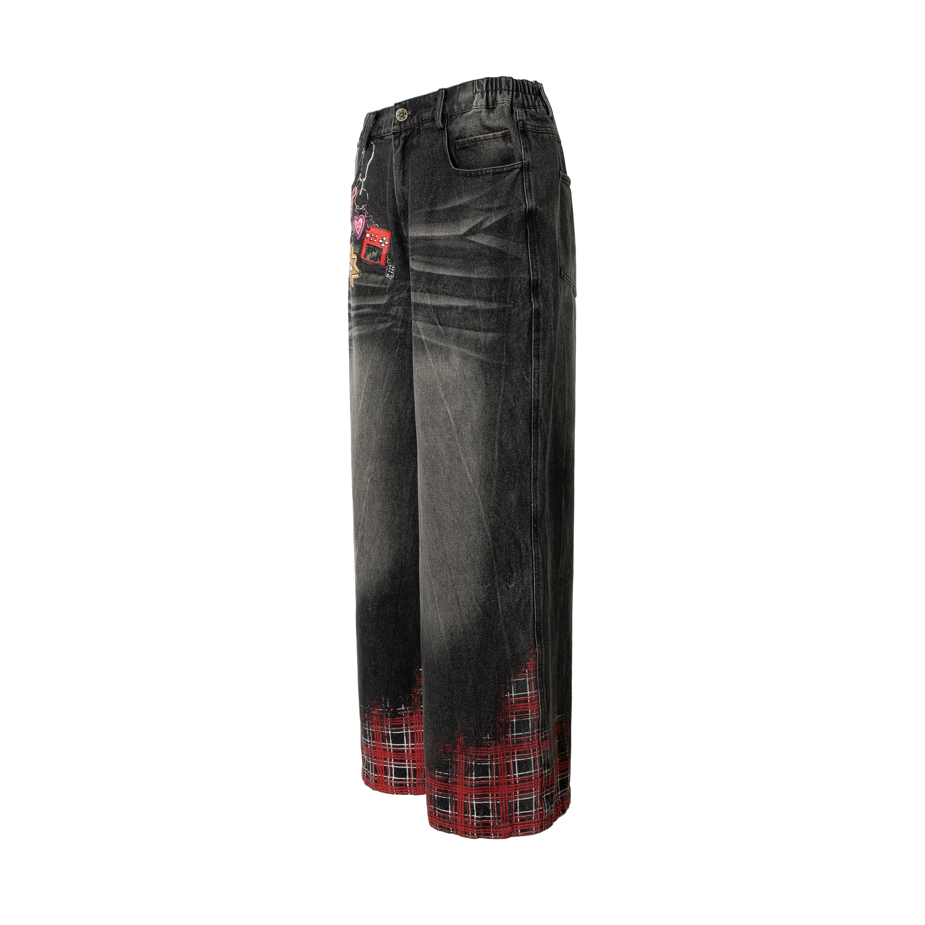 Plaid Hem Washed Denim Jeans | Wide-Leg Punk Street Style