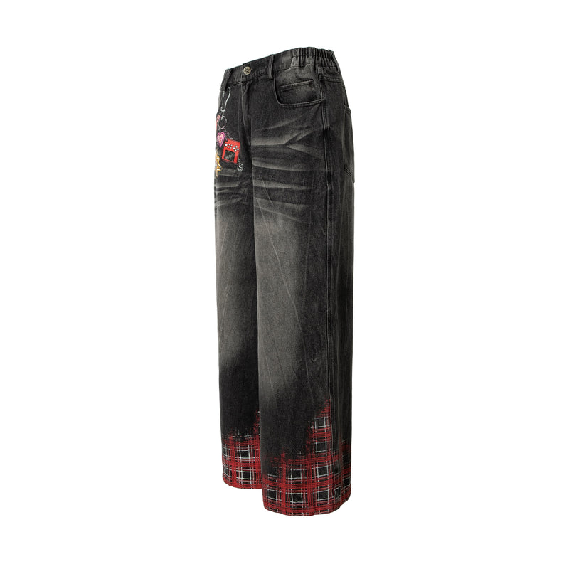 Plaid Hem Washed Denim Jeans | Wide-Leg Punk Street Style