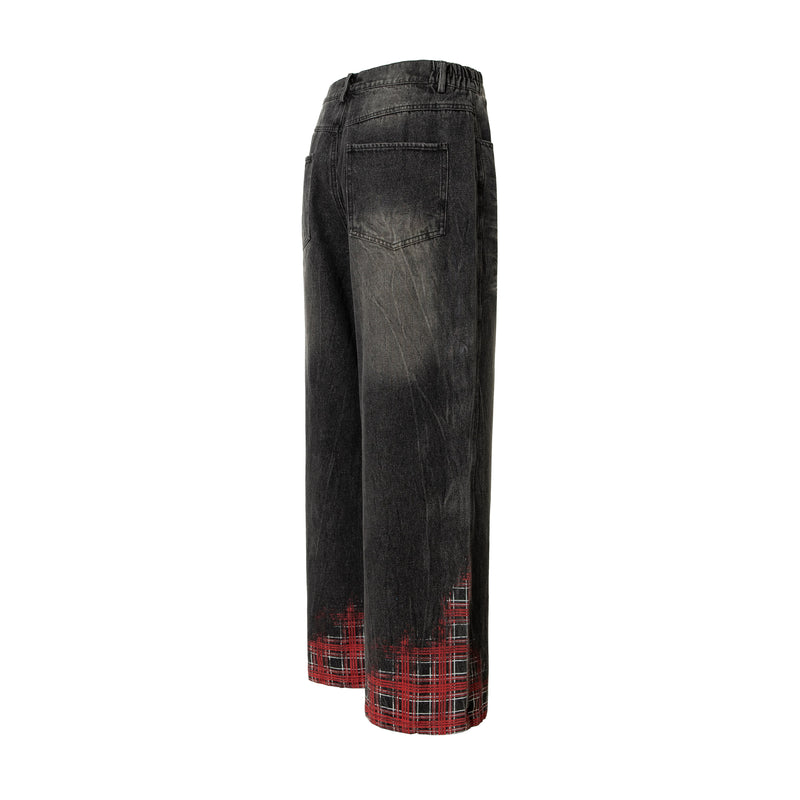 Plaid Hem Washed Denim Jeans | Wide-Leg Punk Street Style