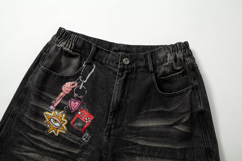 Plaid Hem Washed Denim Jeans | Wide-Leg Punk Street Style