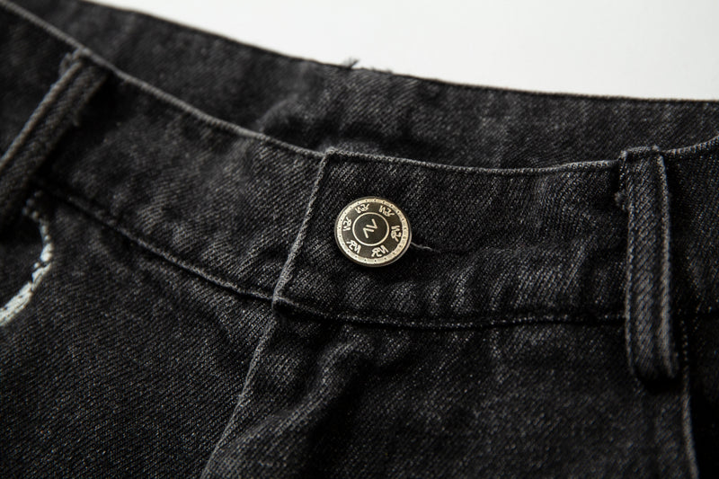 Plaid Hem Washed Denim Jeans | Wide-Leg Punk Street Style