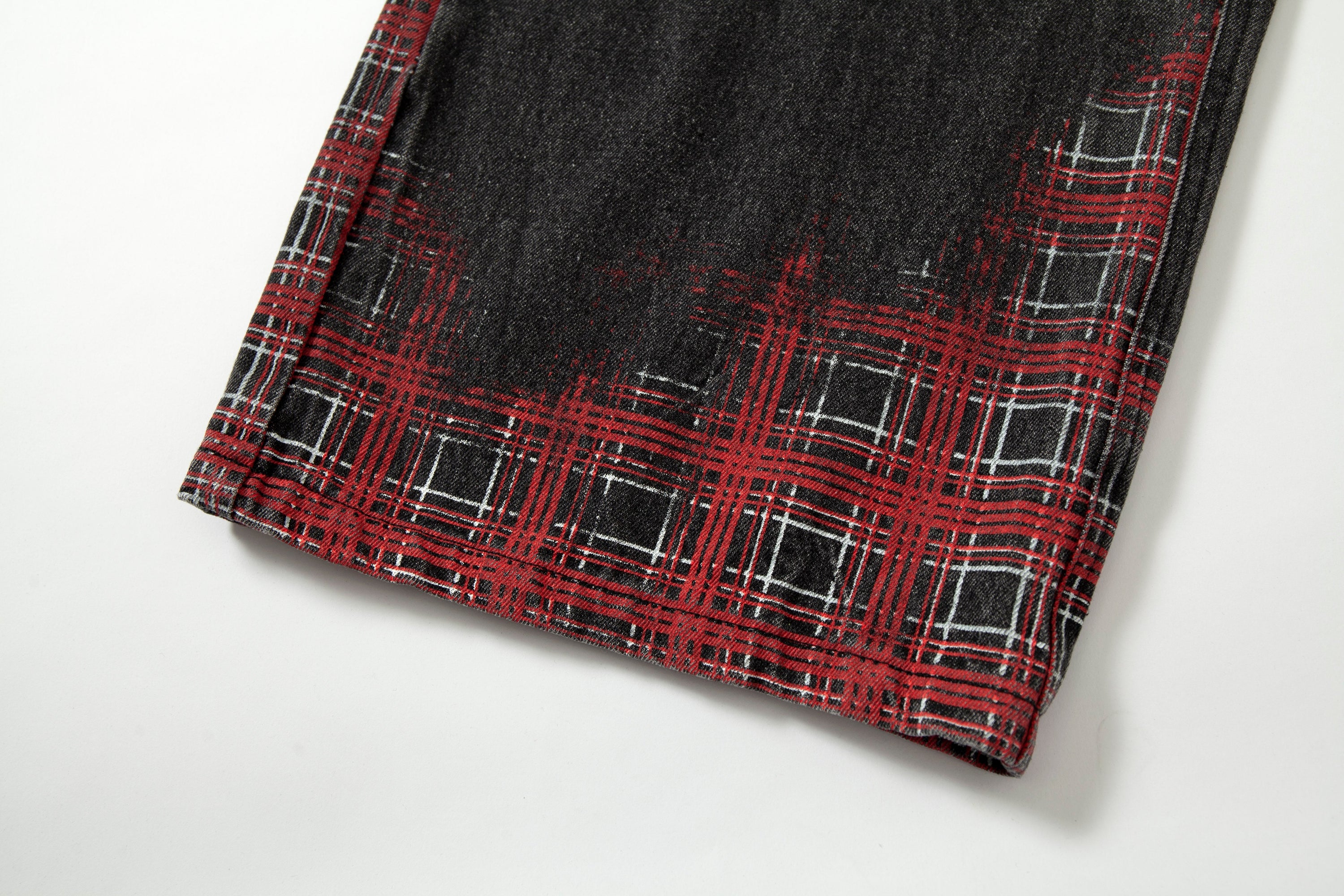Plaid Hem Washed Denim Jeans | Wide-Leg Punk Street Style