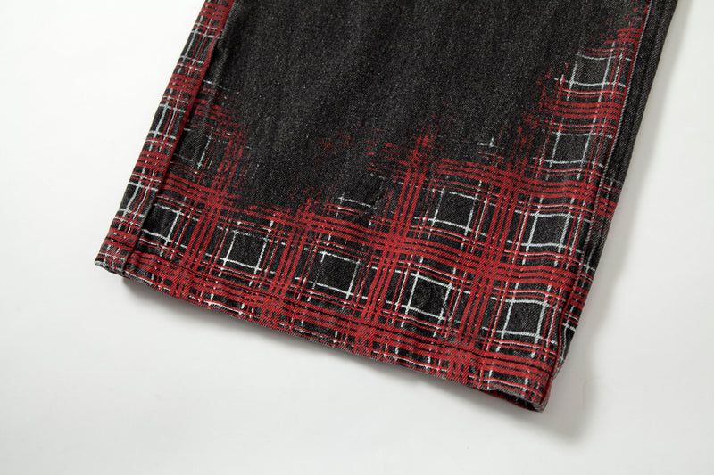 Plaid Hem Washed Denim Jeans | Wide-Leg Punk Street Style