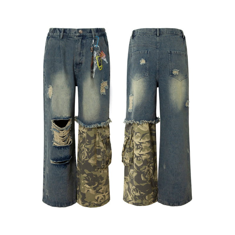 Omirad Patchwork Camo Panel Distressed Denim Jeans