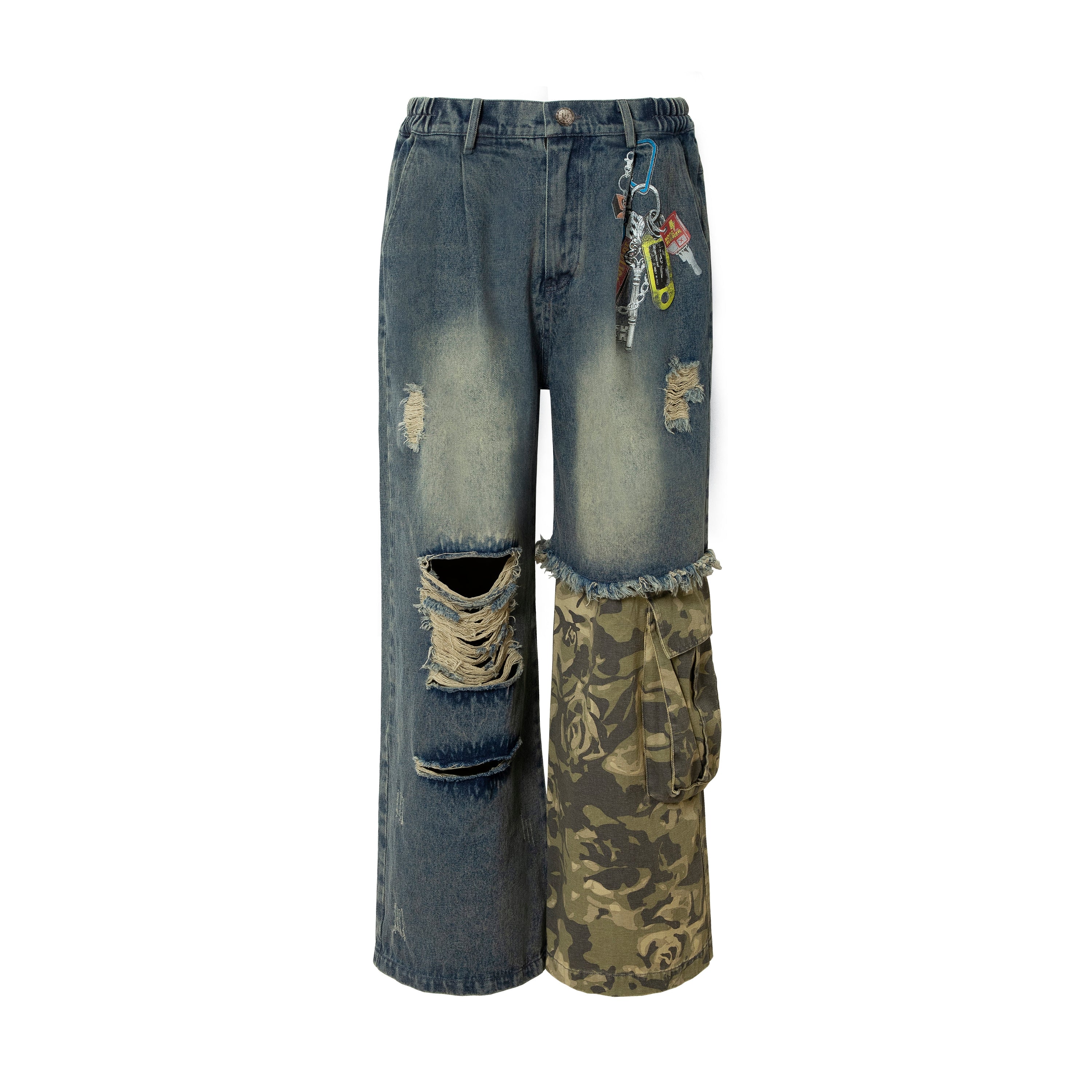 Front view of distressed blue denim jeans with camo cargo panel on lower left leg and detachable keychain at waist