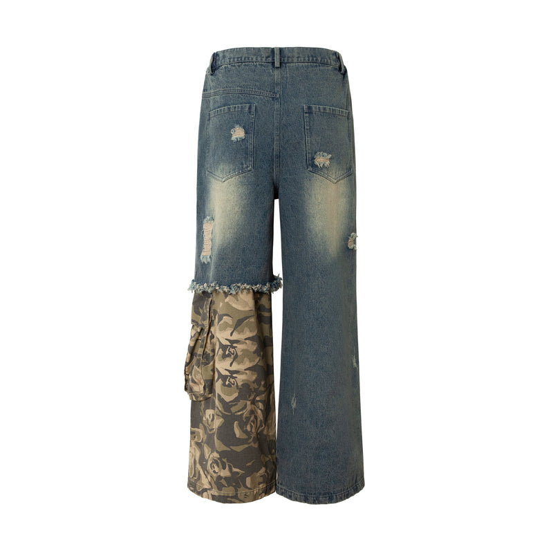 Omirad Patchwork Camo Panel Distressed Denim Jeans