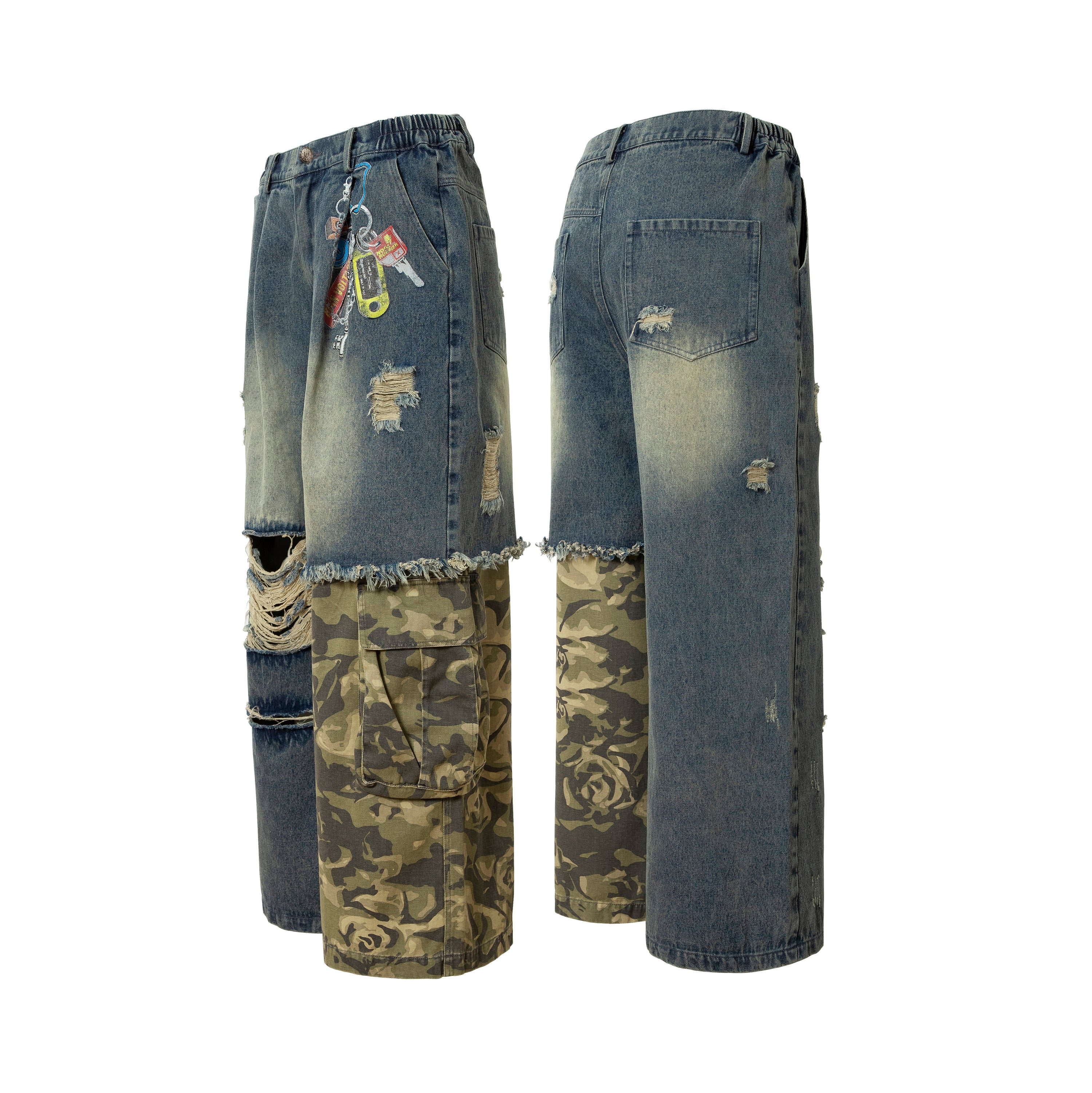 Omirad Patchwork Camo Panel Distressed Denim Jeans