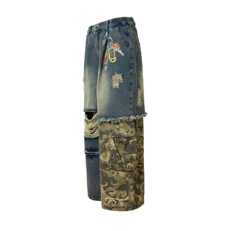 Omirad Patchwork Camo Panel Distressed Denim Jeans