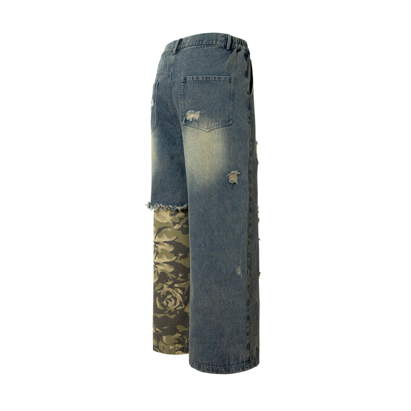 Omirad Patchwork Camo Panel Distressed Denim Jeans
