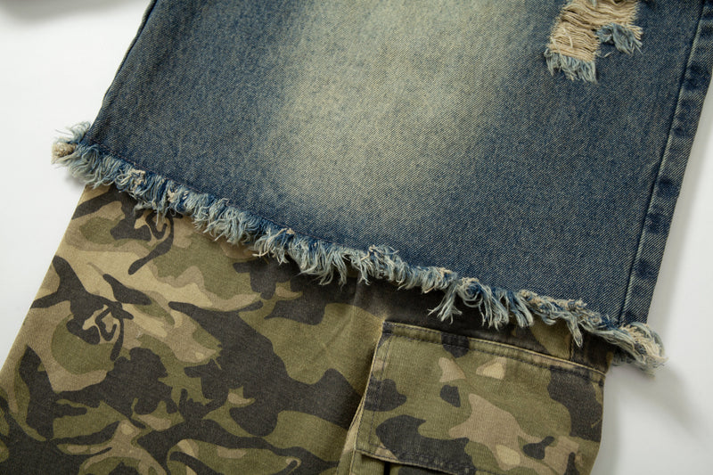 Omirad Patchwork Camo Panel Distressed Denim Jeans