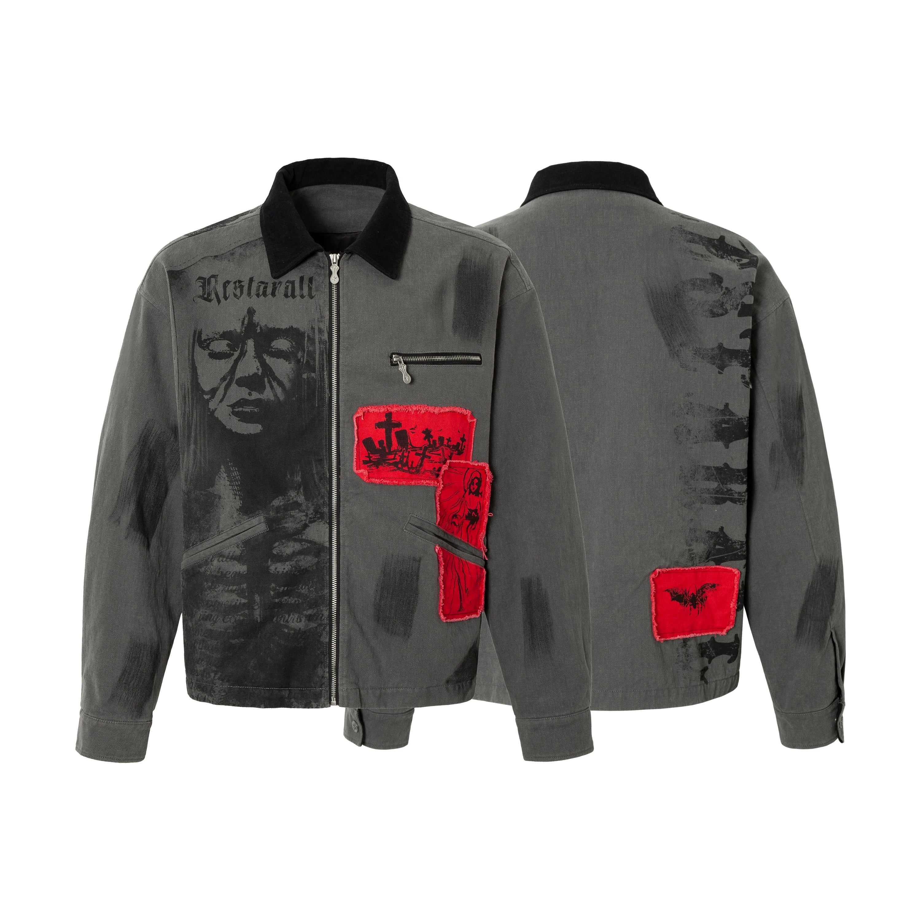 Grey 100% cotton gothic zip jacket with dark graphic print, red frayed patches, and black corduroy collar, front and back vie
