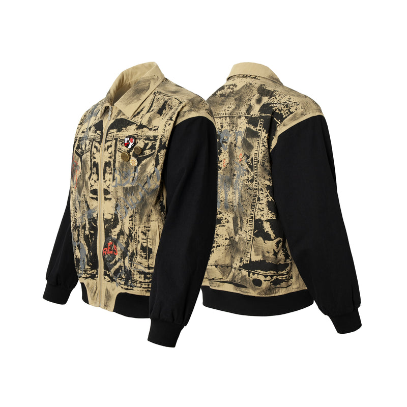 Omirad Vintage Graffiti Zip-Up Jacket | Contrast Sleeve Streetwear