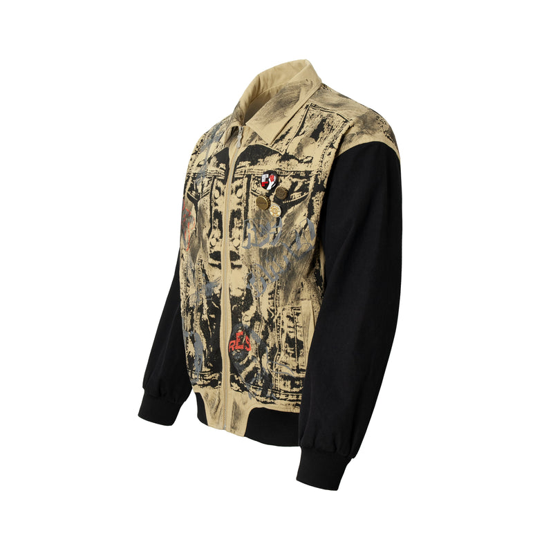 Omirad Vintage Graffiti Zip-Up Jacket | Contrast Sleeve Streetwear