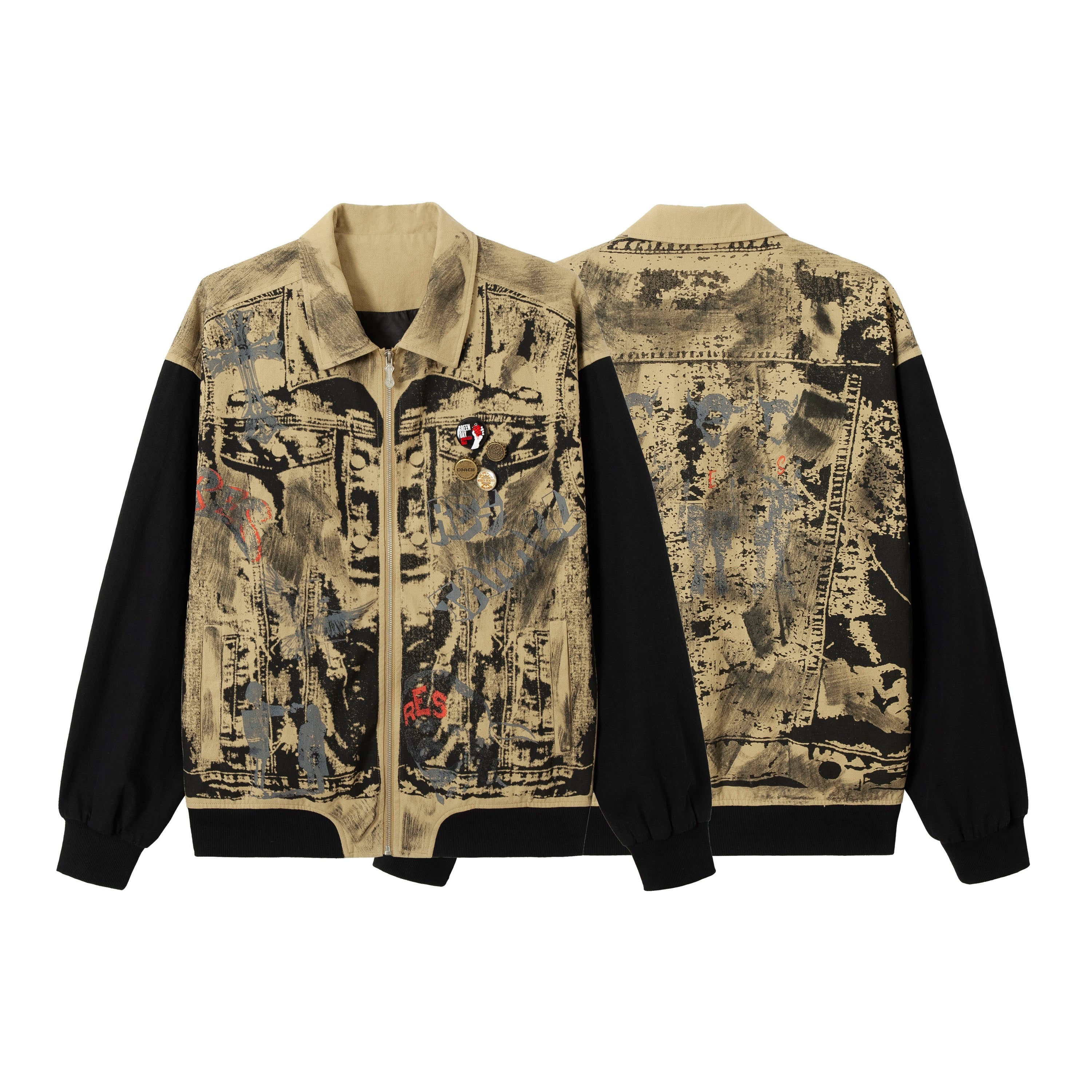 Front and back view of Omirad Vintage Graffiti Zip-Up Jacket with khaki distressed print body and contrast black sleeves