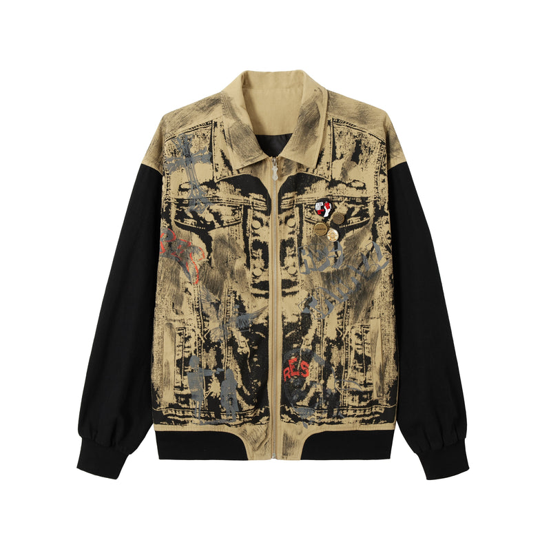 Omirad Vintage Graffiti Zip-Up Jacket | Contrast Sleeve Streetwear