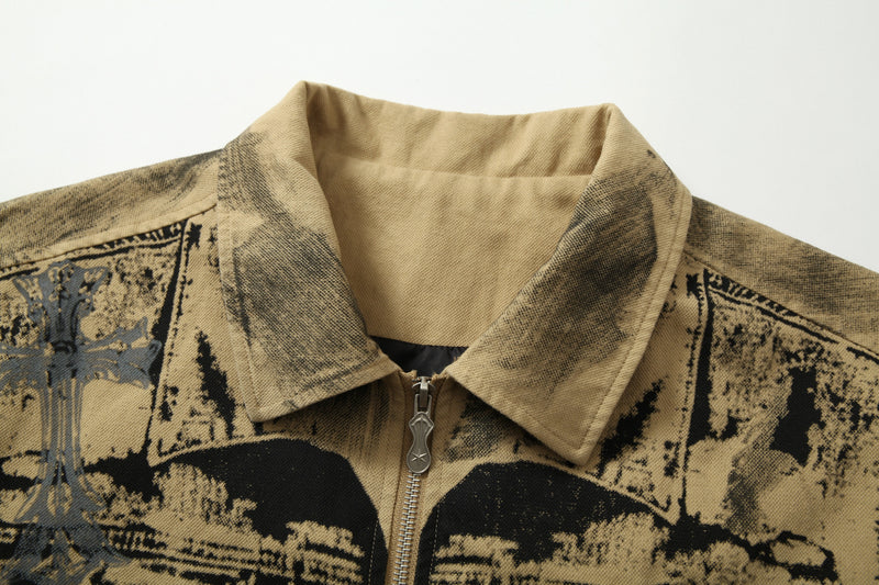 Omirad Vintage Graffiti Zip-Up Jacket | Contrast Sleeve Streetwear