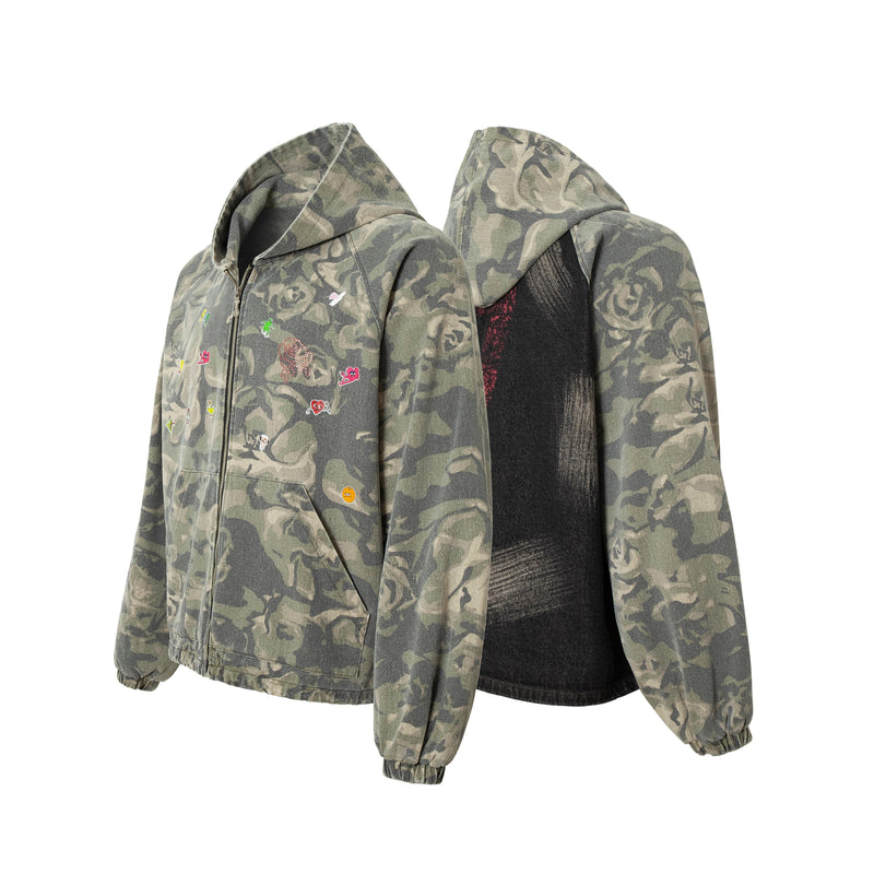 Omirad Rose Camo Embroidered Patch Zip-Up Hoodie
