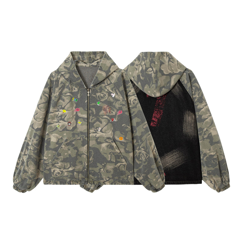 Omirad Rose Camo Embroidered Patch Zip-Up Hoodie