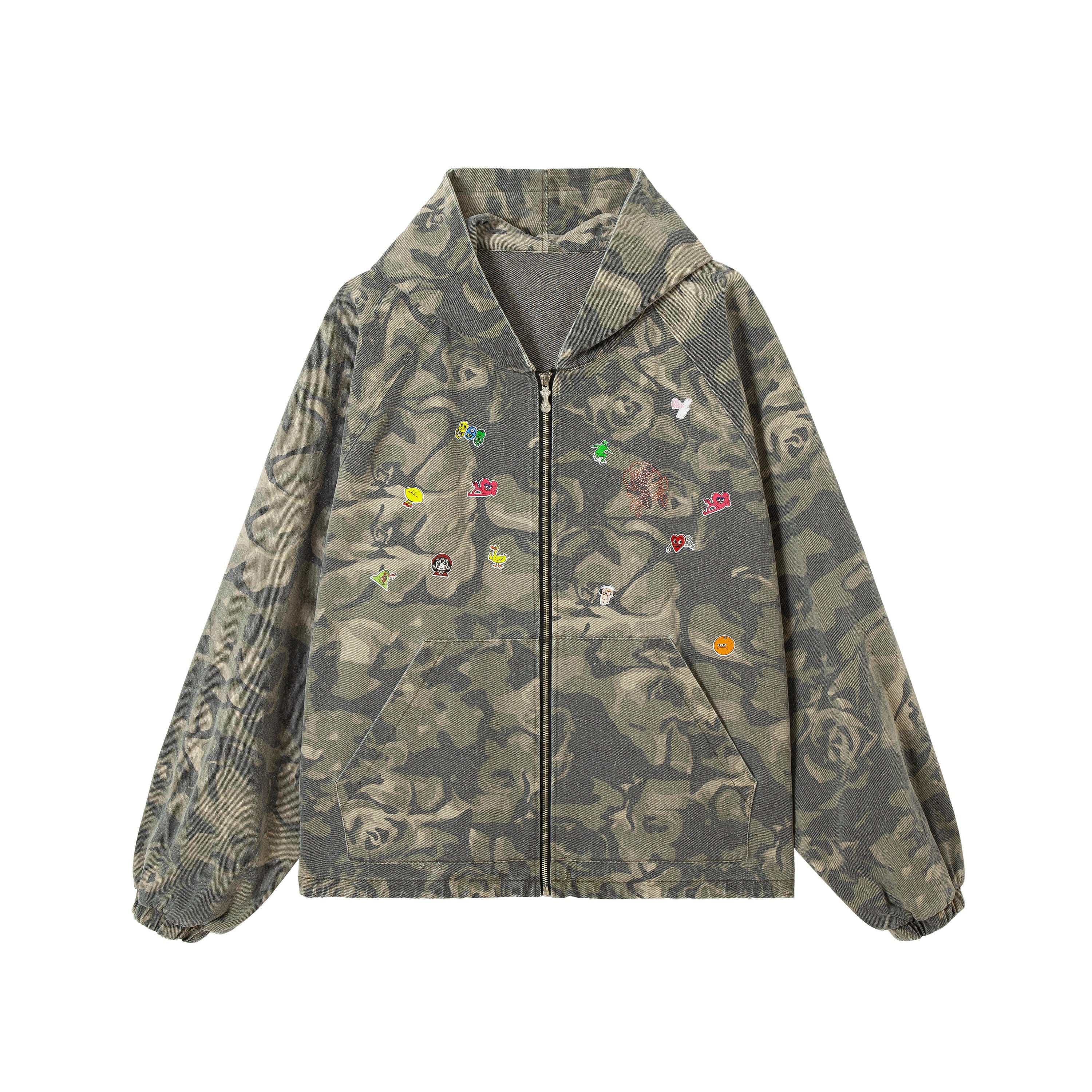 Olive rose camouflage zip-up hoodie with colorful embroidered patches across the chest, relaxed fit, front view