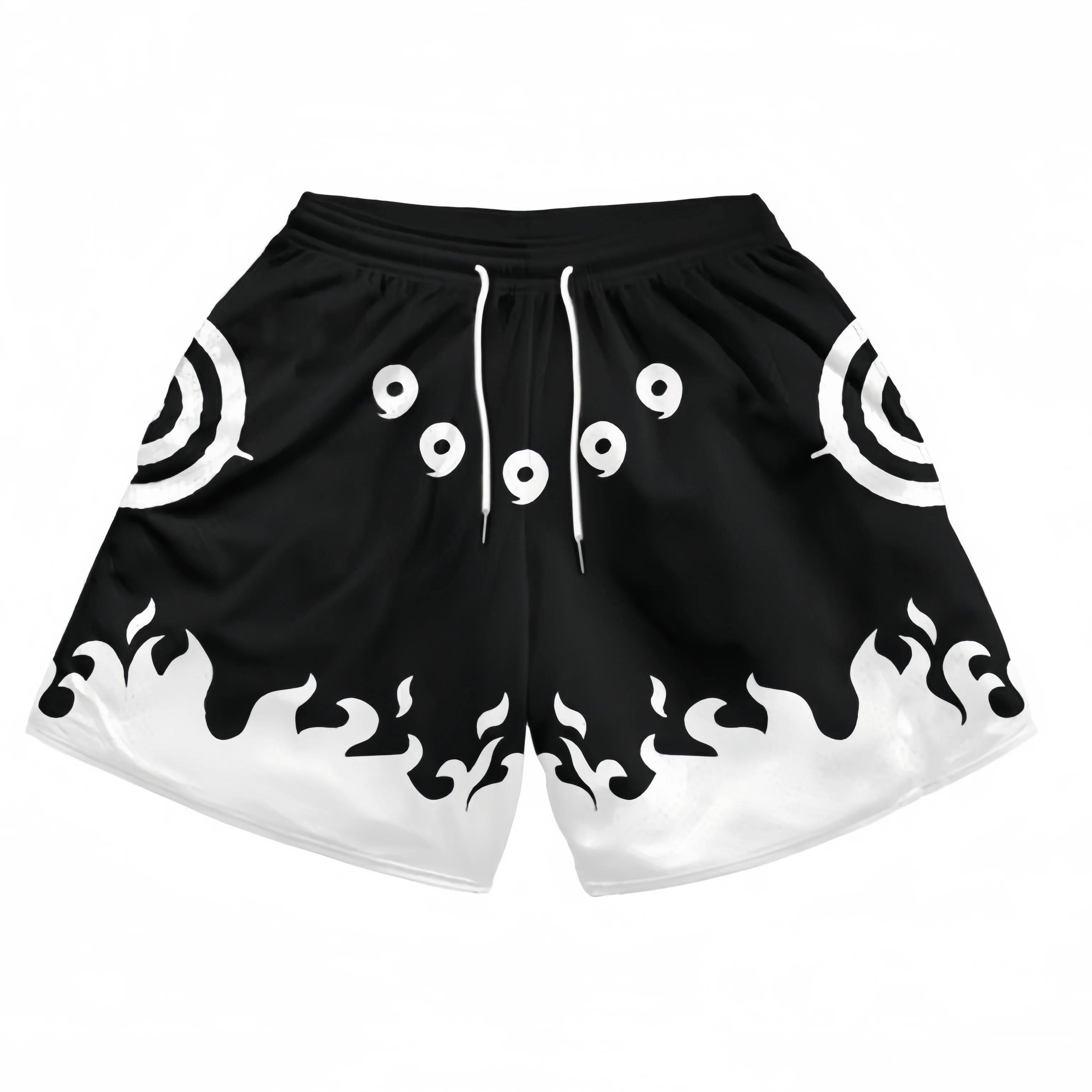 The Naruto-Inspired Shorts feature a Rinnegan design with concentric circles and tomoe symbols on the sides, along with white flame designs at the bottom. They offer a loose fit and drawstring waistband for comfort, embodying anime streetwear style.