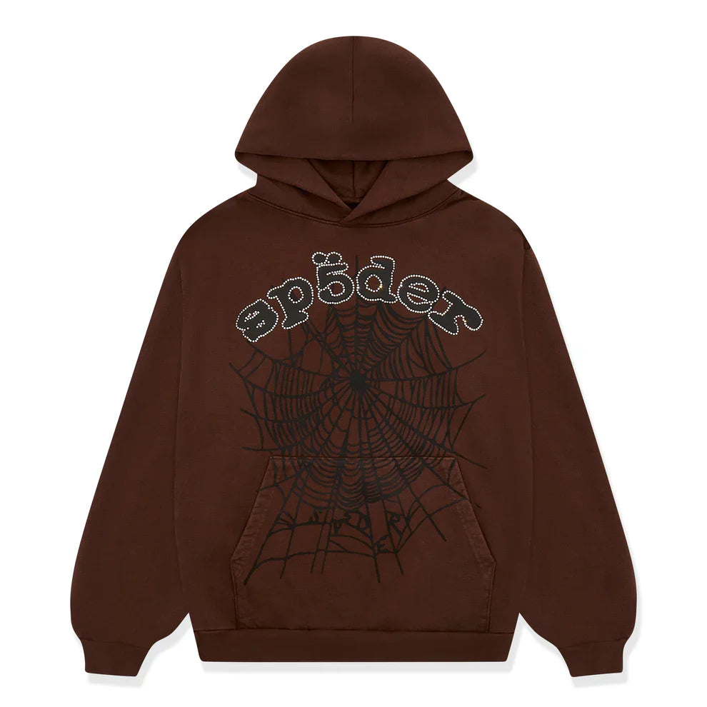 The Sp5der Web Hoodie – Mocha Brown 440GSM Heavyweight Streetwear Pullover features "spiders" in stylized white text above a large black spiderweb design, plus a front pocket and drawstring hood.