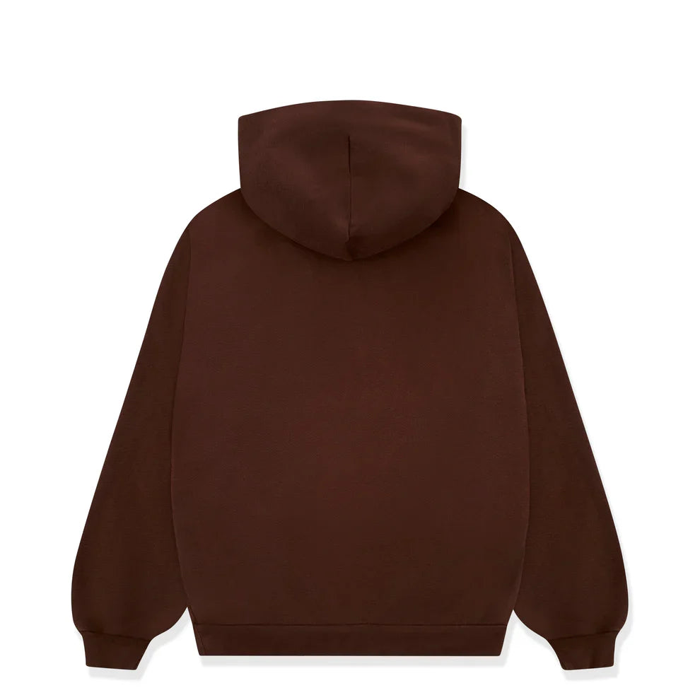 The Sp5der Web Hoodie – Mocha Brown 440GSM Heavyweight Streetwear Pullover features a hood and long sleeves, shown from the back against a white background—a perfect blend of comfort and streetwear style.