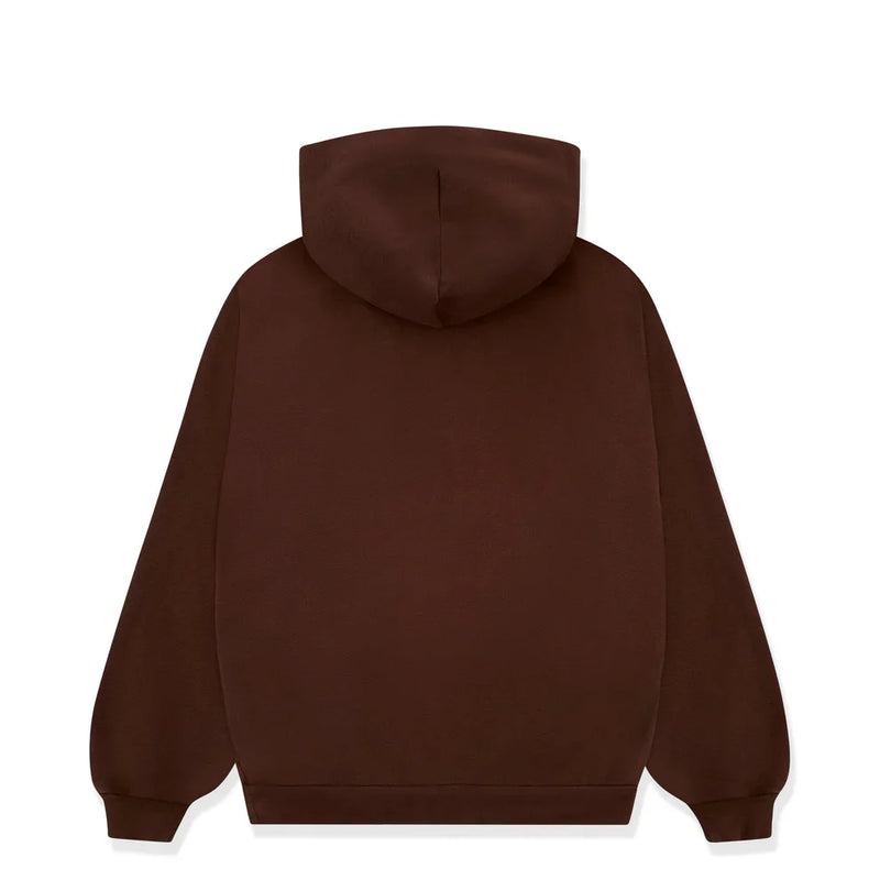 The Sp5der Web Hoodie – Mocha Brown 440GSM Heavyweight Streetwear Pullover features a hood and long sleeves, shown from the back against a white background—a perfect blend of comfort and streetwear style.