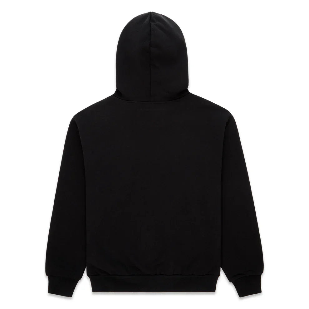 The Sp5der Web Graphic Hoodie – Black & Orange 440GSM Heavyweight Streetwear is shown from the back, featuring long sleeves, ribbed cuffs, and a ribbed waistband with no visible logos or patterns.