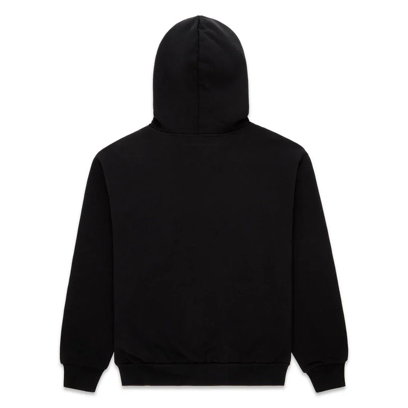 The Sp5der Web Graphic Hoodie – Black & Orange 440GSM Heavyweight Streetwear is shown from the back, featuring long sleeves, ribbed cuffs, and a ribbed waistband with no visible logos or patterns.