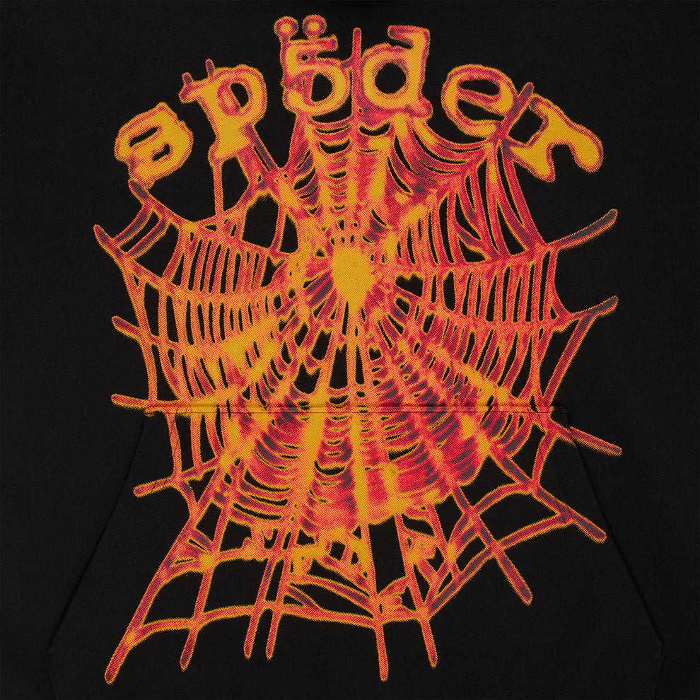 A yellow and orange stylized spiderweb pops on a black background with "spider" in a playful font—ideal for fans of the Sp5der Web Graphic Hoodie – Black & Orange 440GSM Heavyweight Streetwear or anyone craving bold street style.