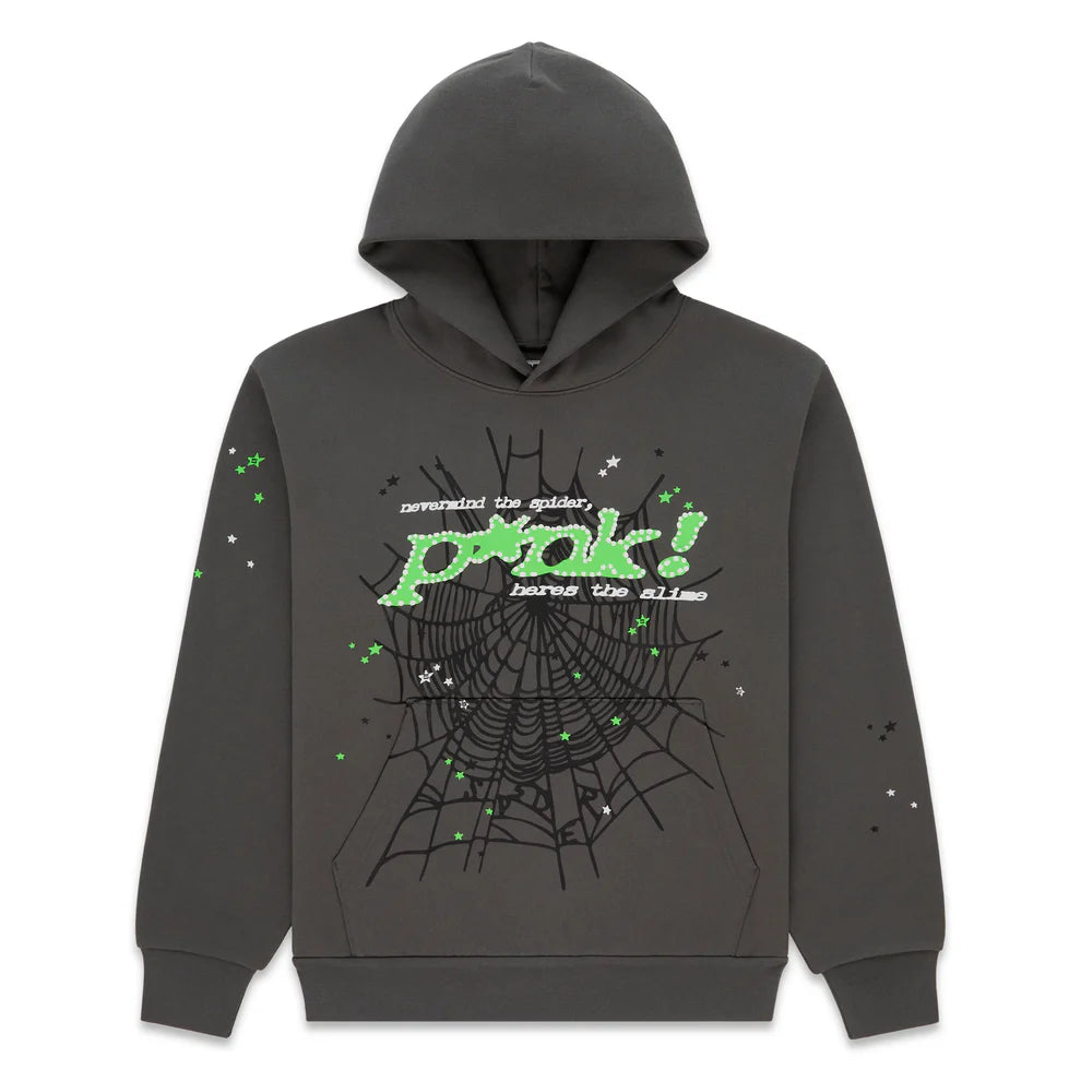 Sp5der “P!nk! Hares the Slime” Hoodie – Olive Green 440GSM Heavyweight Spider-Web Pullover