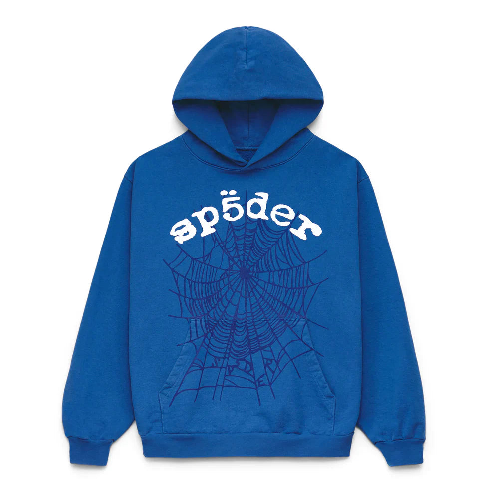 The Sp5der OG Web Hoodie 440GSM is a royal blue heavyweight cotton fleece sweatshirt featuring a bold black spiderweb graphic with "sp5der" in white above, plus a front pocket and hood.