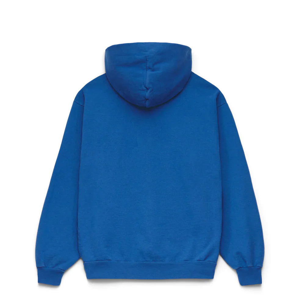 The Sp5der OG Web Hoodie 440GSM in royal blue is shown from the back, featuring a hood, long sleeves with ribbed cuffs and hem, and heavyweight cotton fleece for classic streetwear style.